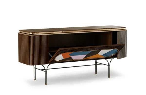 - <div>the bailey sideboard is a very versatile piece since it can be placed in a living room or be used as a drinks cabinet. Produced in classic materials such as solid teak wood with additional brass features, bailey gives the room a touch of luxurious subtlety. The lacquered colors on the front are the main feature of this masterpiece, which turns it into a must-have in any modern vintage space. </div> - the bailey sideboard is a very versatile piece since it can be placed in a living room or be used as a drinks cabinet. Produced in classic materials such as solid teak wood with additional brass features, bailey gives the room a touch of luxurious subtlety. The lacquered colors on the front are the main feature of this masterpiece, which turns it into a must-have in any modern vintage space.