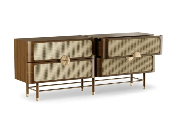 - <div>the cole sideboard mixes the elegant use of brass and rattan with teak wood beautifully. Its rectangular shape rests on robust wood feet playing gracefully, which gives the design an attractive look, perfect for adding a bold touch to the interior. </div> - the cole sideboard mixes the elegant use of brass and rattan with teak wood beautifully. Its rectangular shape rests on robust wood feet playing gracefully, which gives the design an attractive look, perfect for adding a bold touch to the interior.